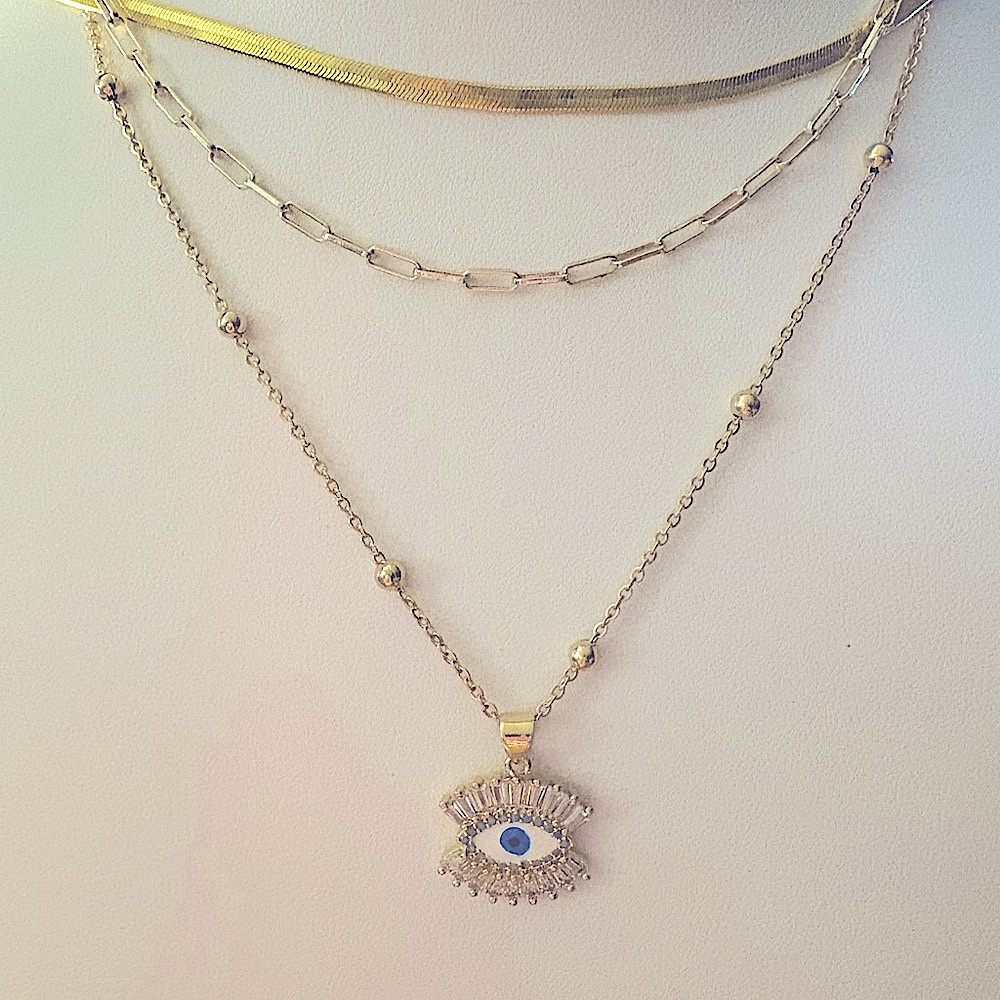 NEW Handmade Evil Eye‎ Simulated Diamond Yellow Gold Filled Necklace, 18-20”